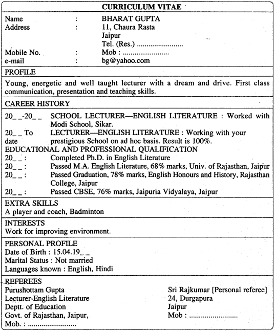 Rbse Class 11 English Letter Writing Application For A Job Rbse Guide